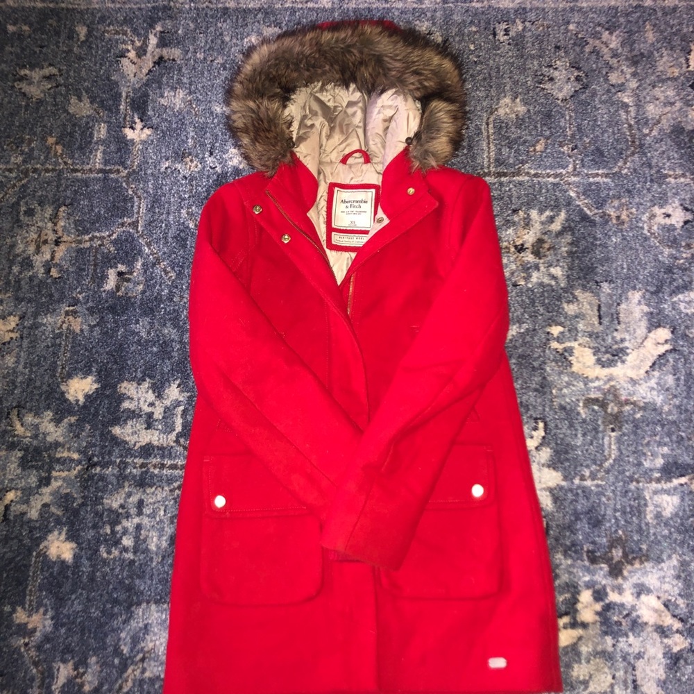 Abercrombie Red Wool Fur Hooded Parka - Sz XS - Picture 4 of 14